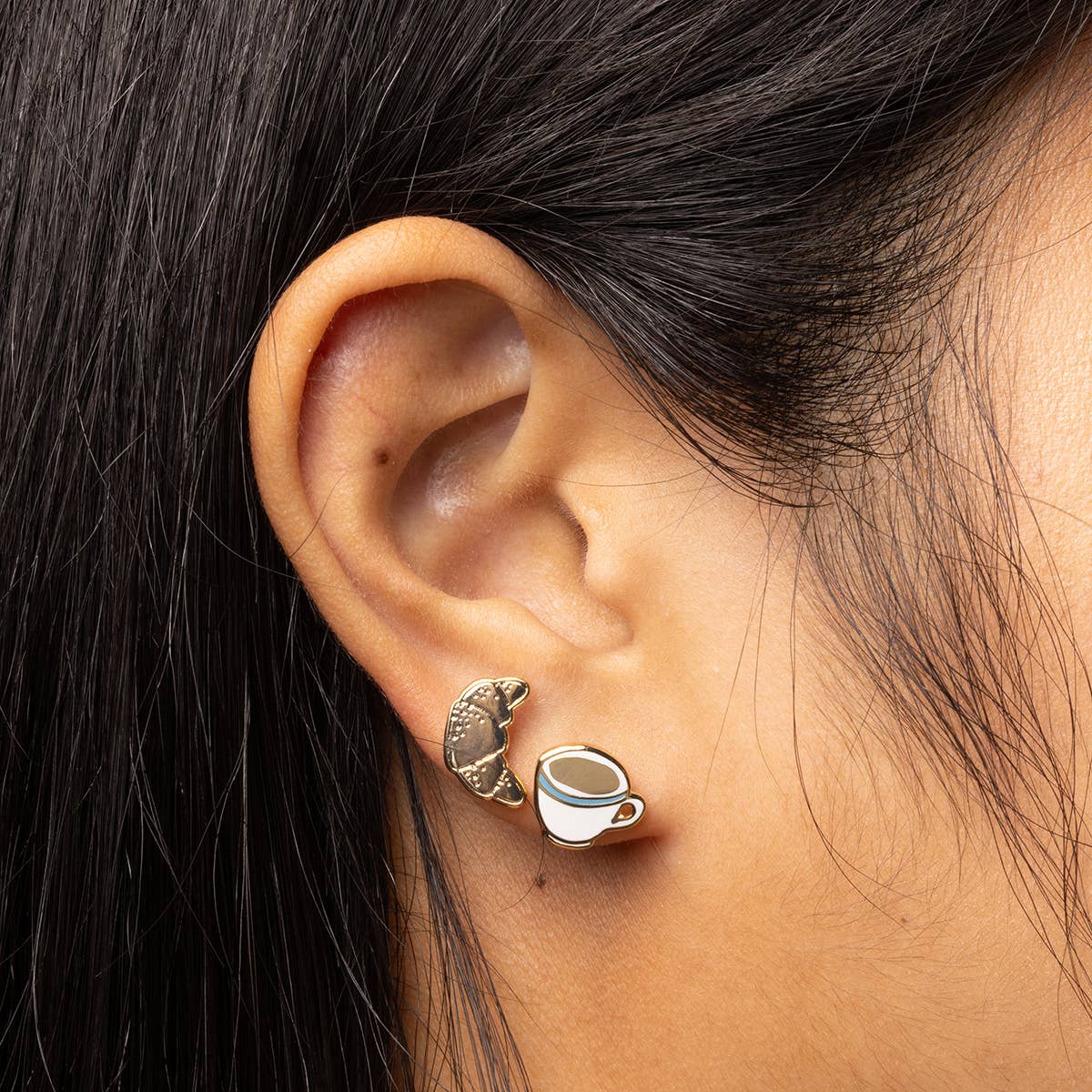 Croissant &amp; Coffee Earrings | Mismatched Gold Studs