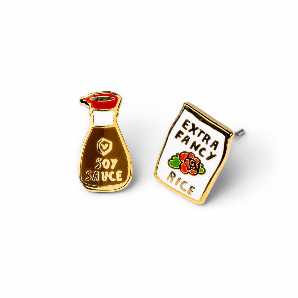 Soy Sauce &amp; Rice Earrings | Gold Mismatched Studs