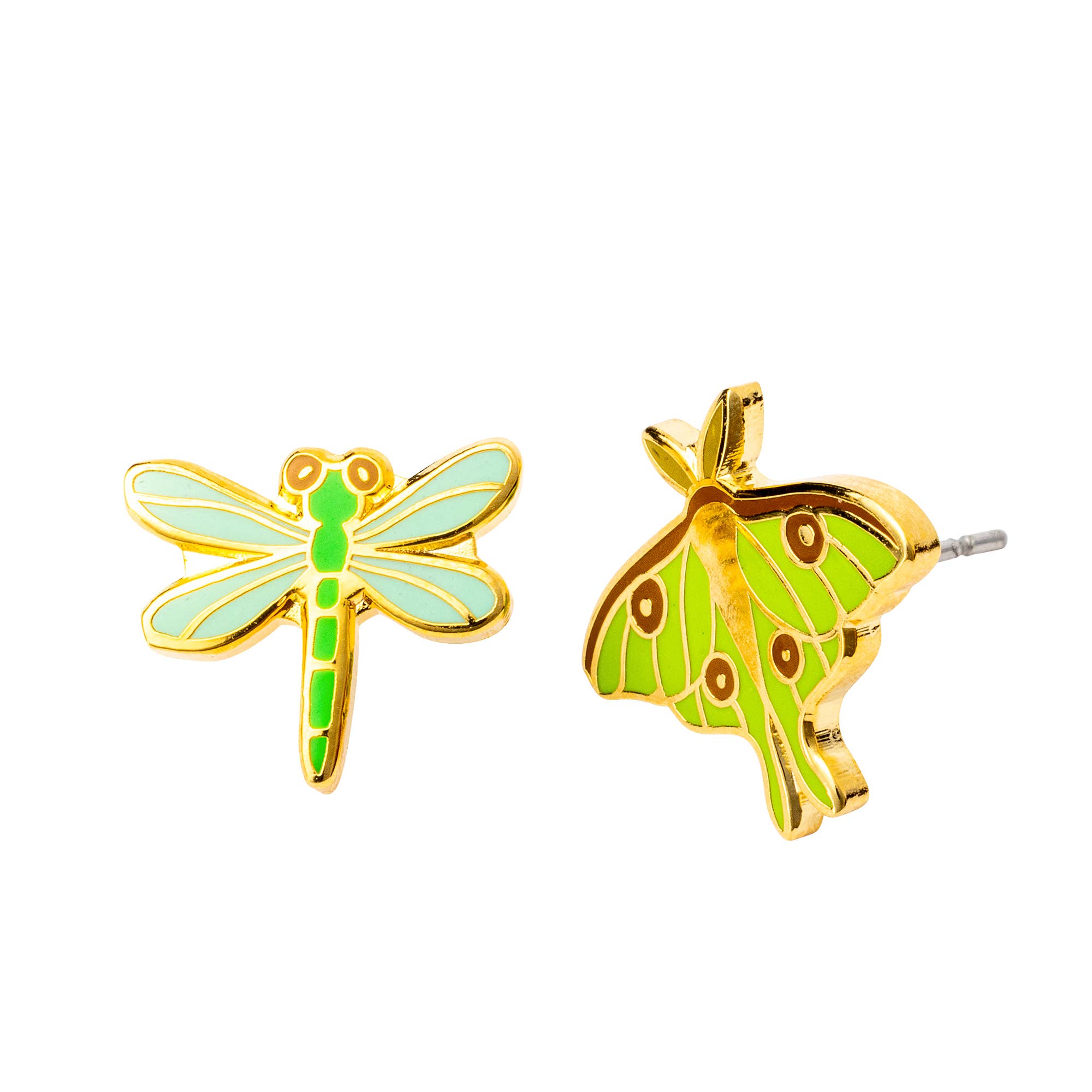 Luna Moth &amp; Dragonfly Earrings | Mismatched Gold Studs