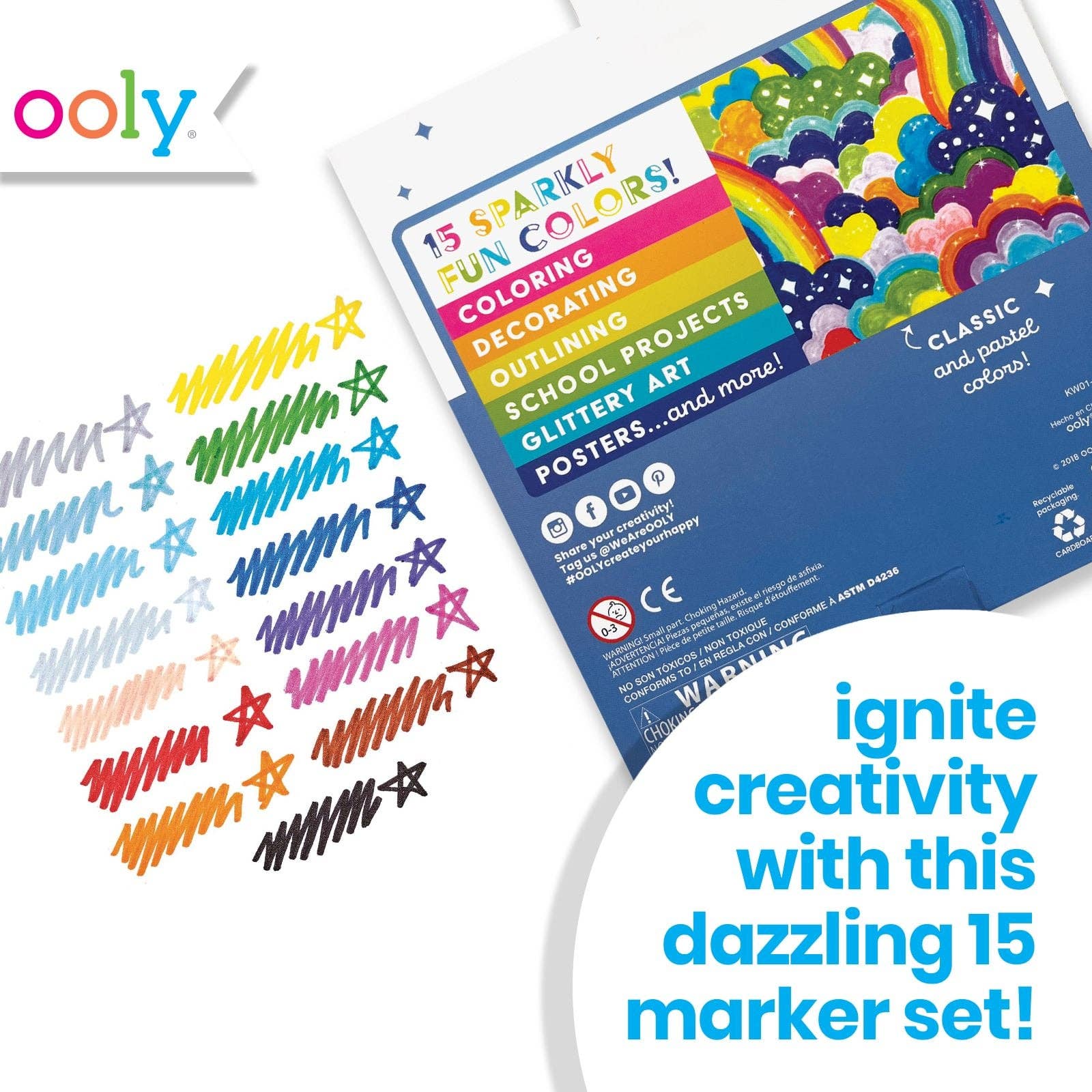 Rainbow Sparkle Glitter Markers - Set of 15