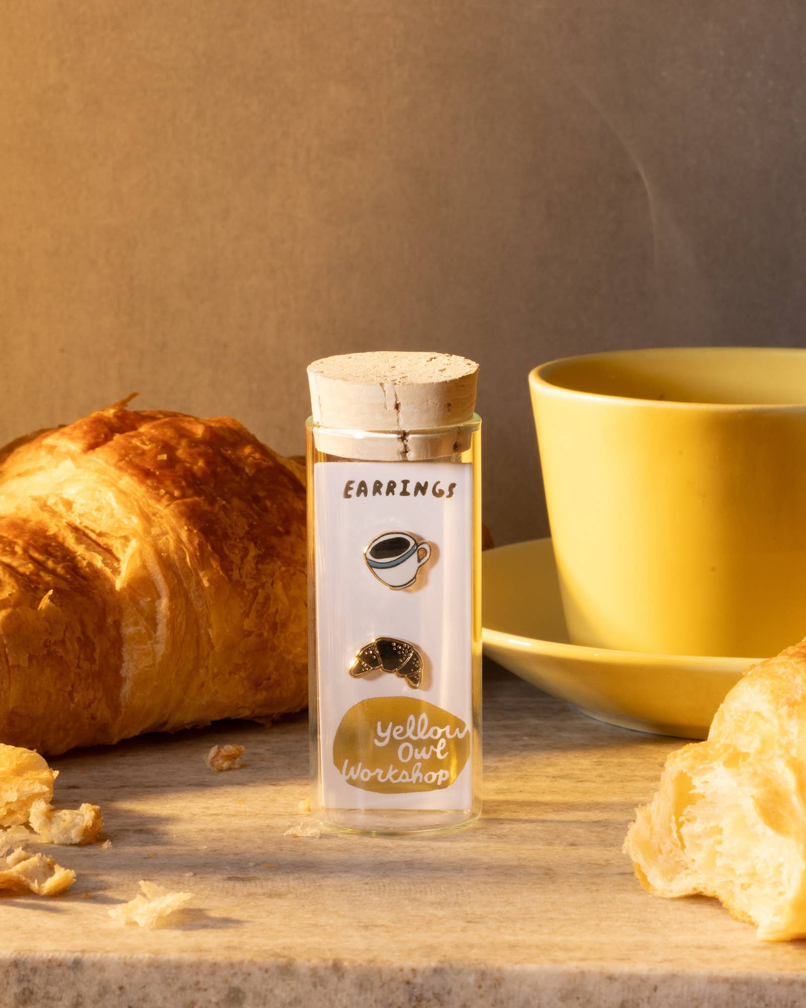 Croissant &amp; Coffee Earrings | Mismatched Gold Studs