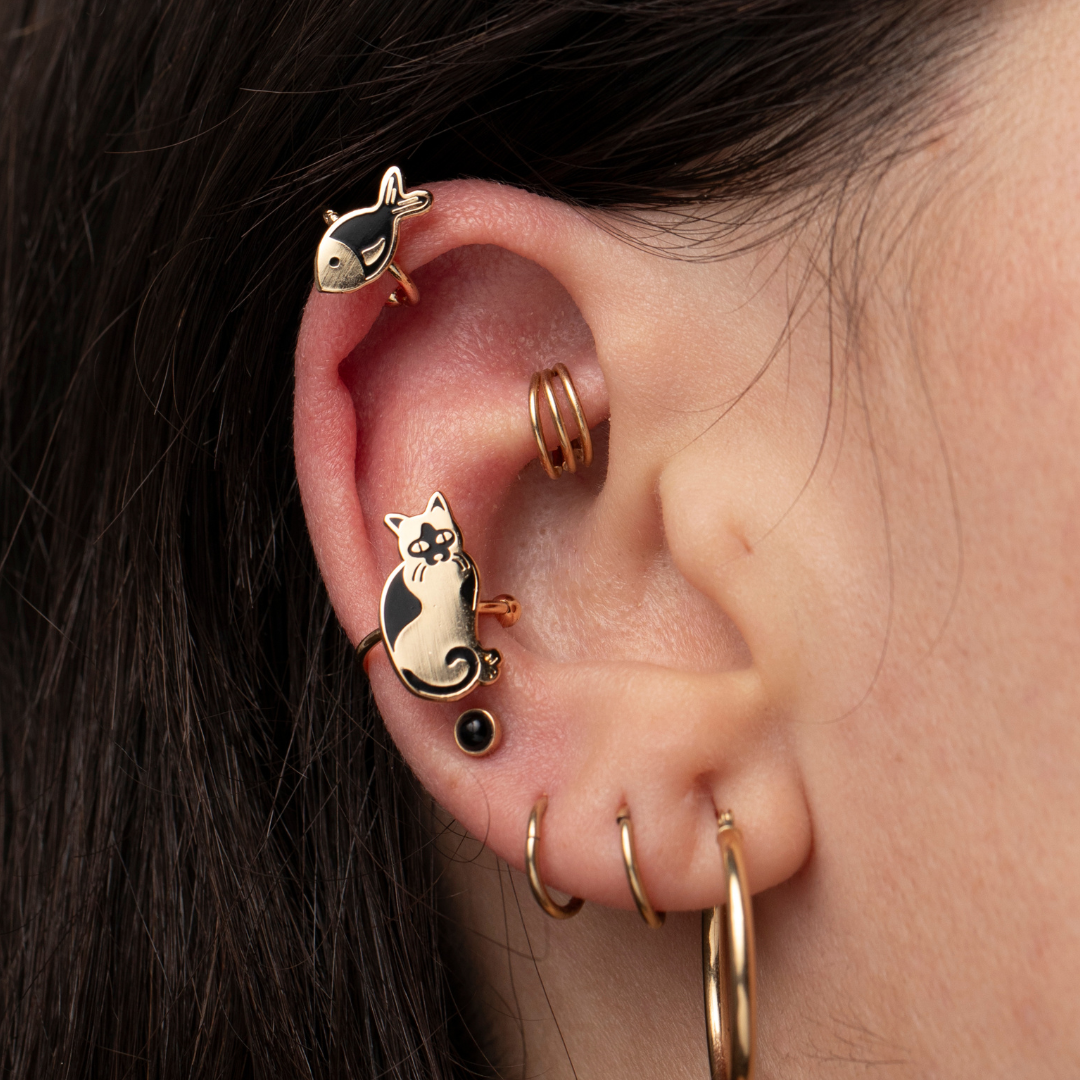 Cat &amp; Fish Ear Cuffs | No Piercing Gold Jewelry