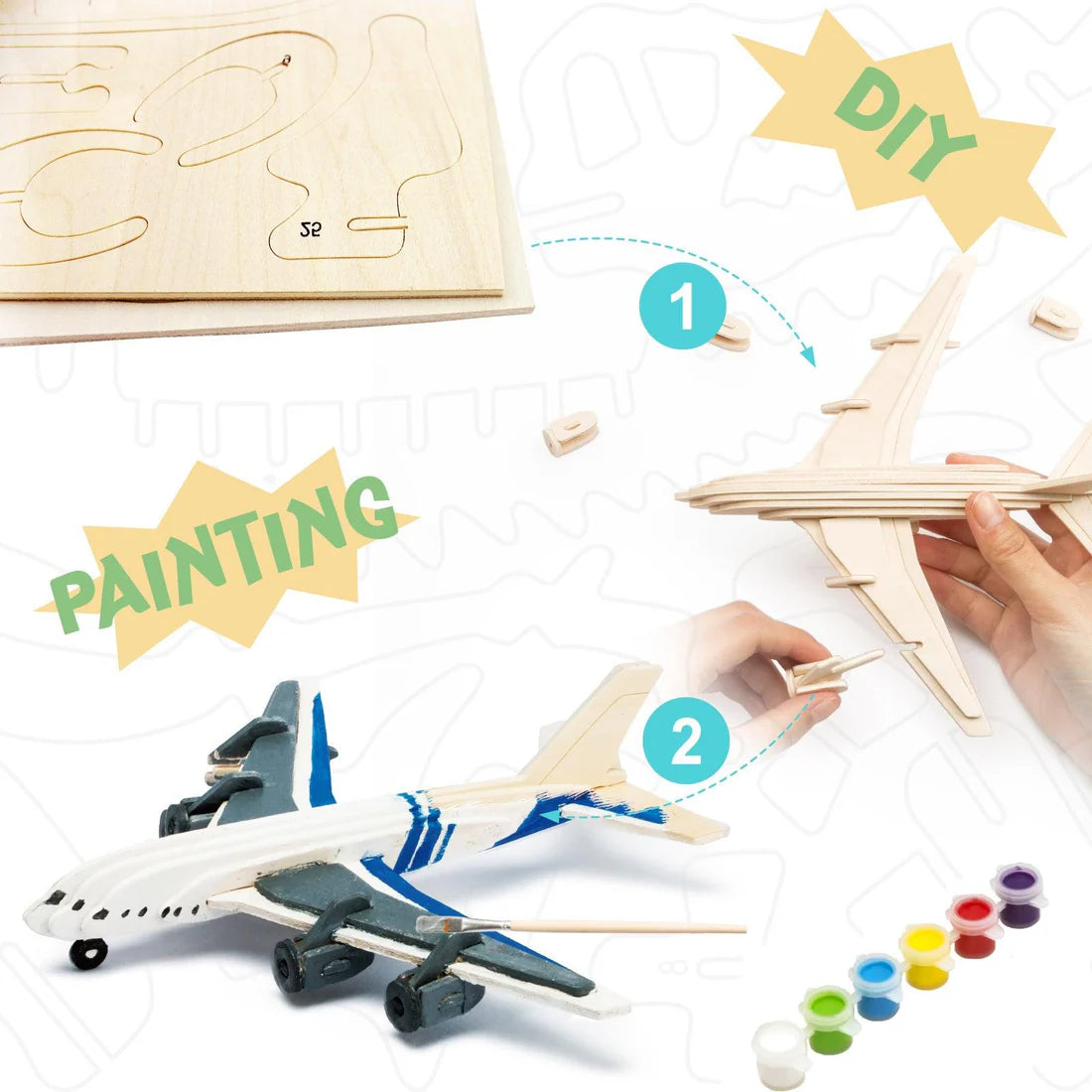 3D Wooden Puzzle Paint Kit: Civil Airplane