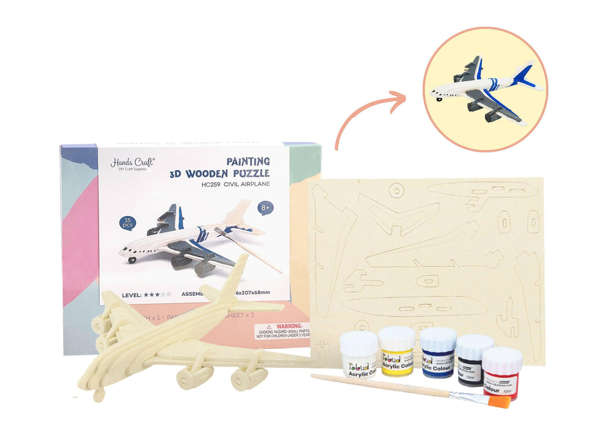 3D Wooden Puzzle Paint Kit: Civil Airplane