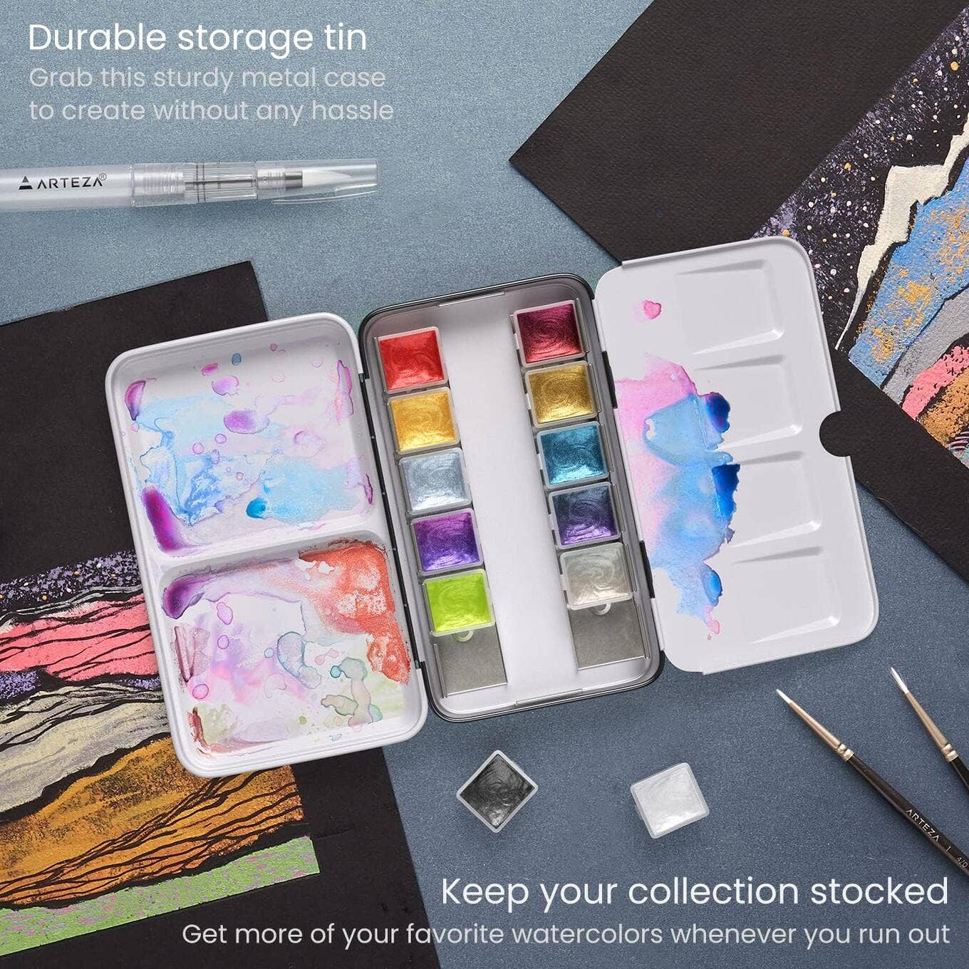 Arteza® Metallic &amp; Iridescent Watercolor Half Pans 12 pc.